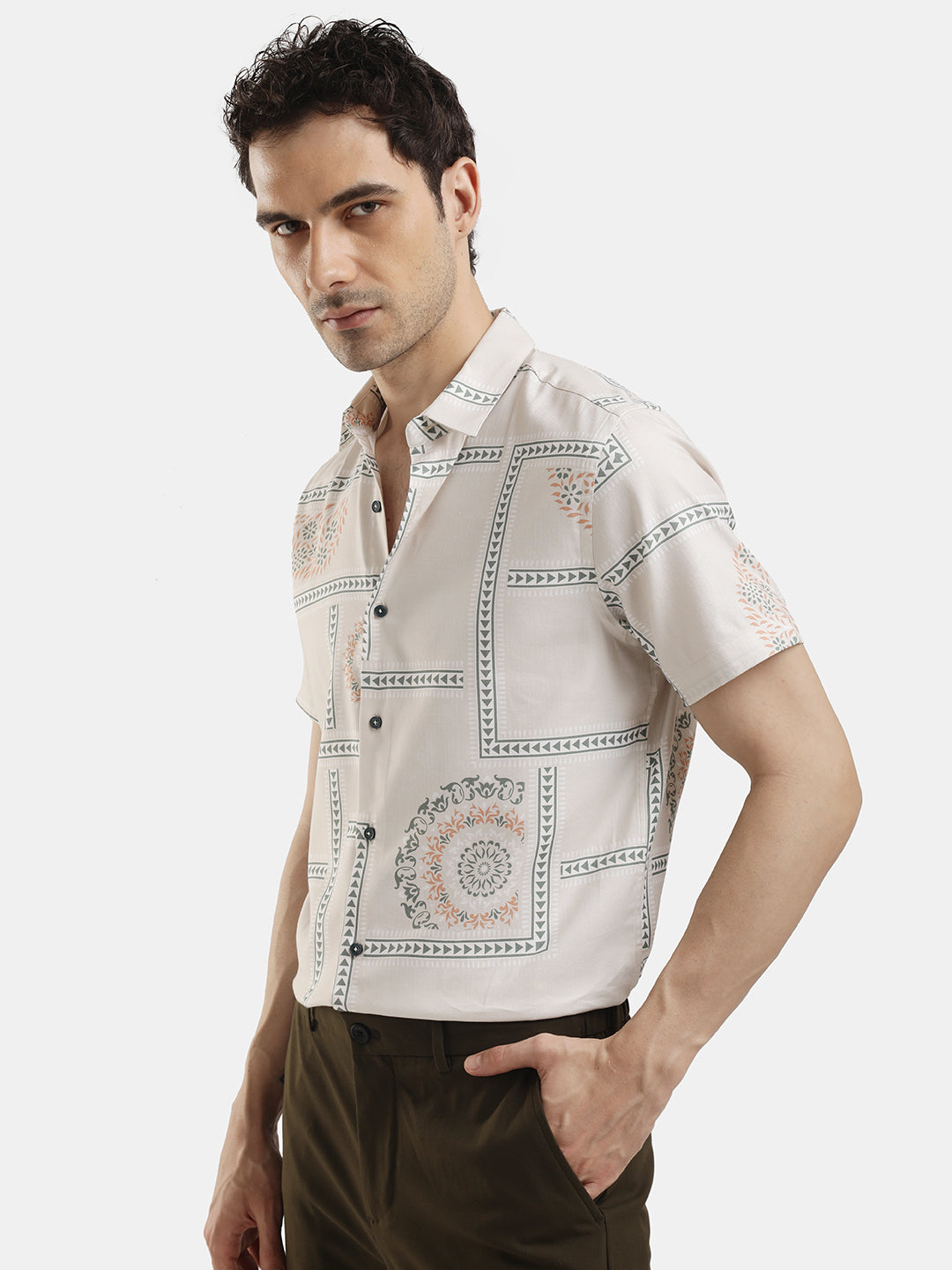 ABSTRACT PRINT CREAM SHORT SLEEVES SHIRT