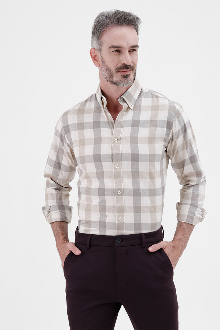 OFF WHITE BEIGE COTTON CHECK SHIRT