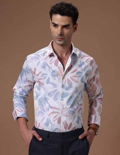 Slim fit White print Smart casual wear 100% cotton Full sleeve Shirt (SOLEE)