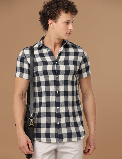 Comfort fit Cotton Checks Navy Casual Half sleeve Shirt (SEN)