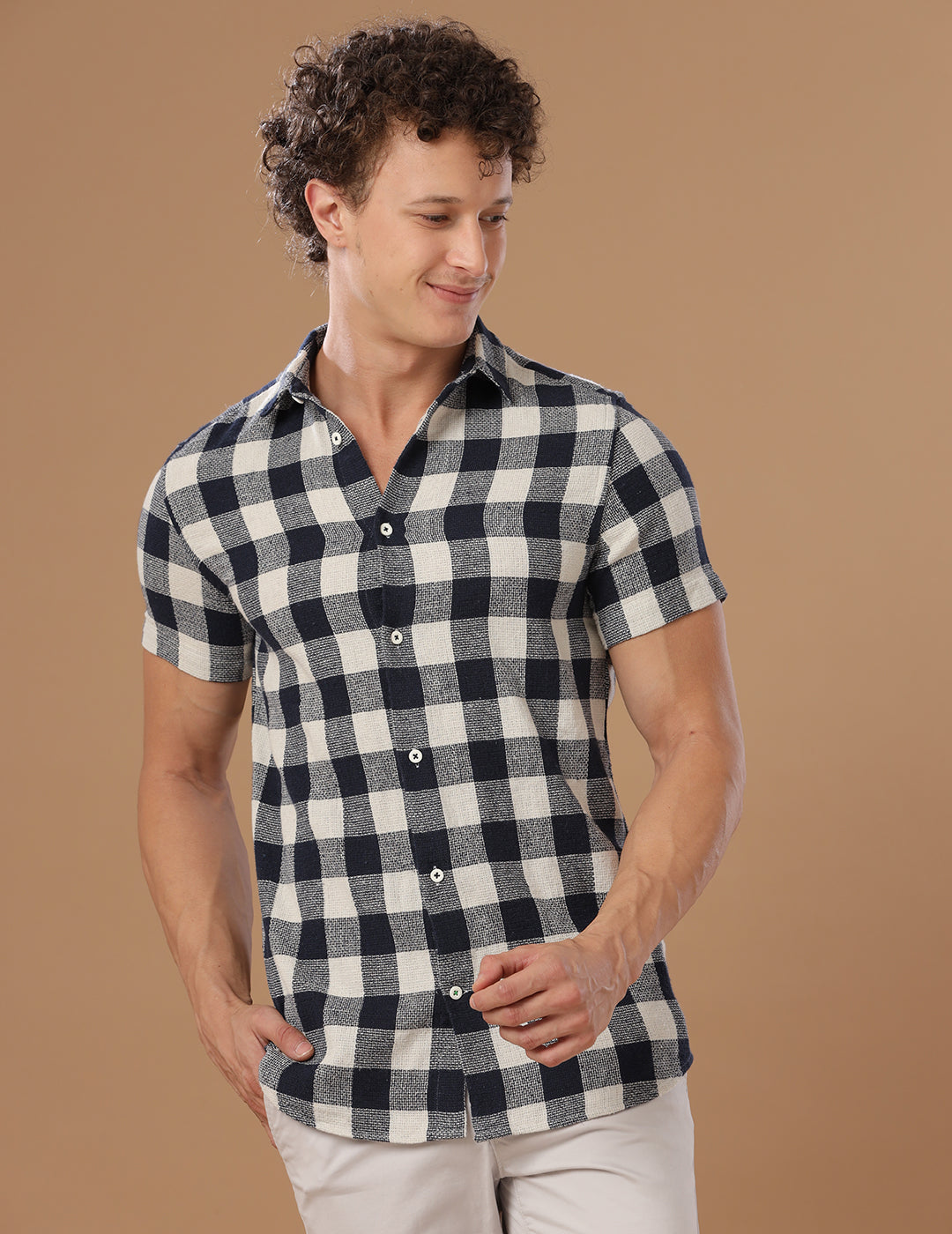 Comfort fit Cotton Checks Navy Casual Half sleeve Shirt (SEN)