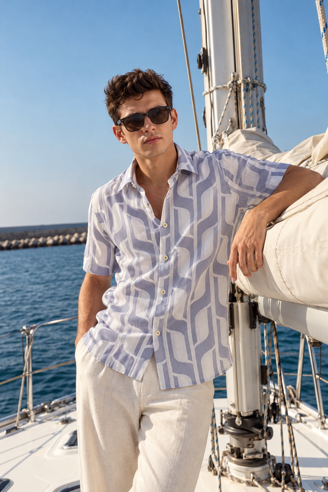 PURPLE GEOMETRIC PRINT HALF SLEEVES SHIRT