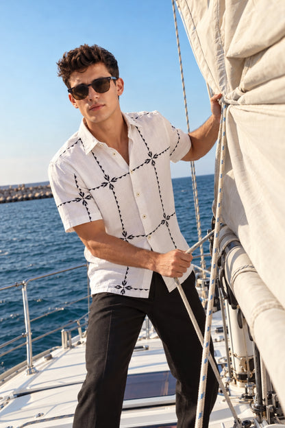 BEIGE GEOMETRIC PRINT HALF SLEEVES SHIRT