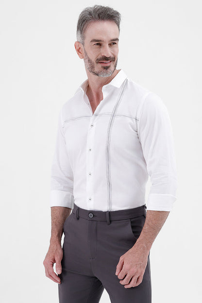 WHITE COTTON 
PLACEMENT STRIPE SHIRT