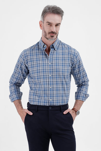 LT BLUE COTTON CHECK SHIRT