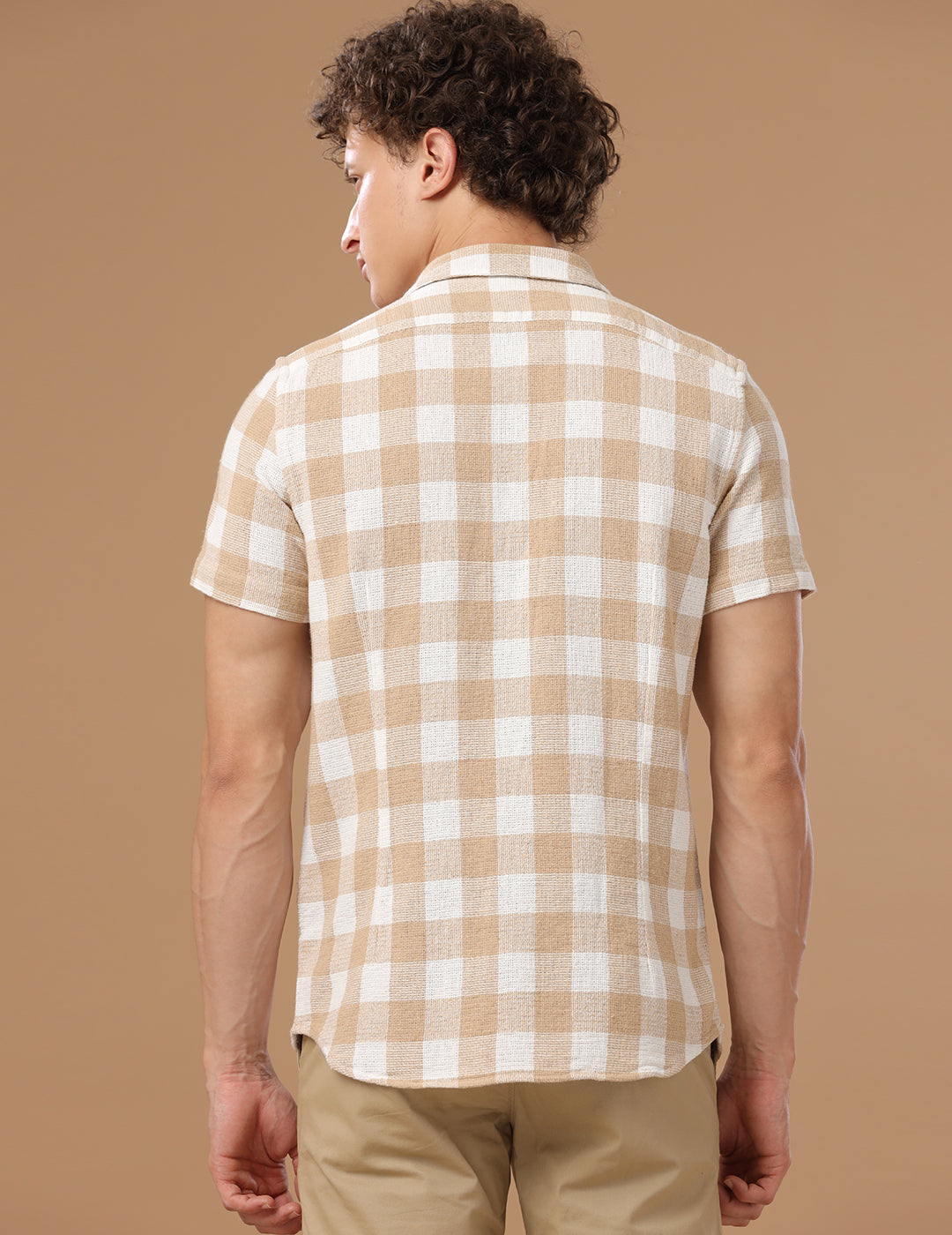 Comfort fit Cotton Checks Beige Casual Half sleeve Shirt (WIN)