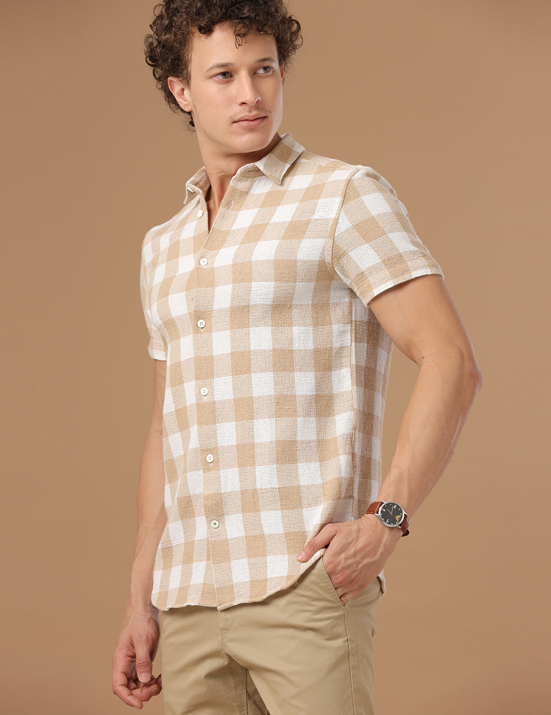 Comfort fit Cotton Checks Beige Casual Half sleeve Shirt (WIN)