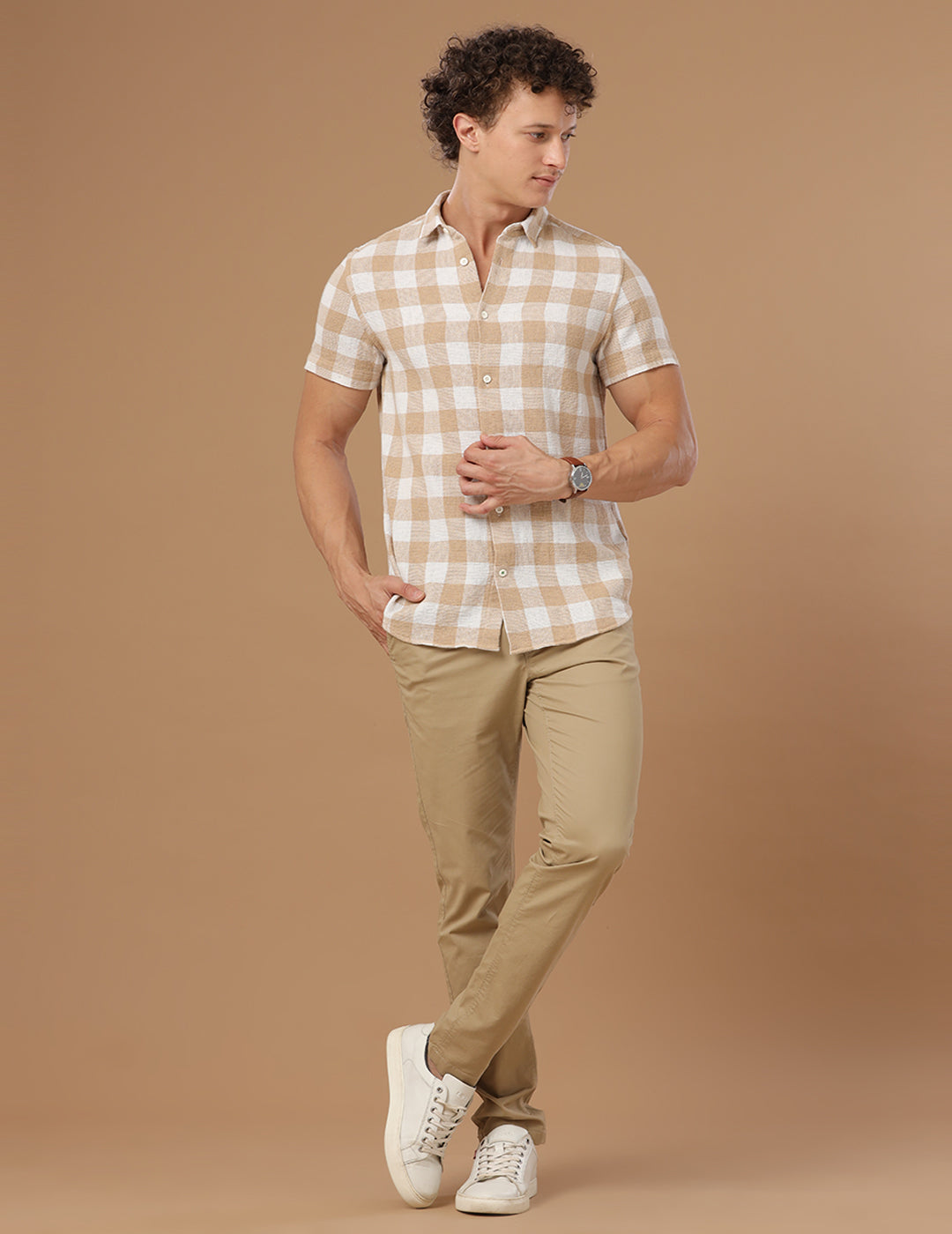 Comfort fit Cotton Checks Beige Casual Half sleeve Shirt (WIN)