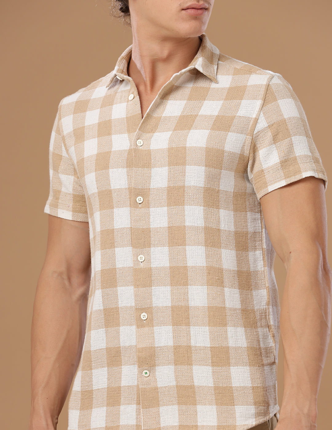 Comfort fit Cotton Checks Beige Casual Half sleeve Shirt (WIN)