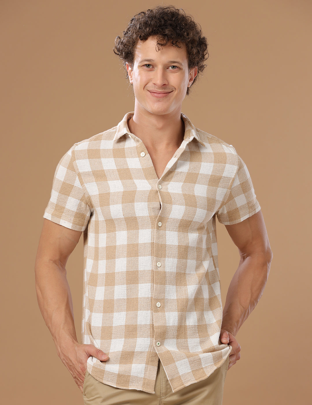 Comfort fit Cotton Checks Beige Casual Half sleeve Shirt (WIN)