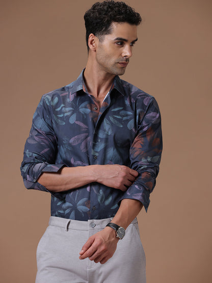 Slim fit Navy print Smart casual wear 100% cotton Full sleeve Shirt (YANNIS)
