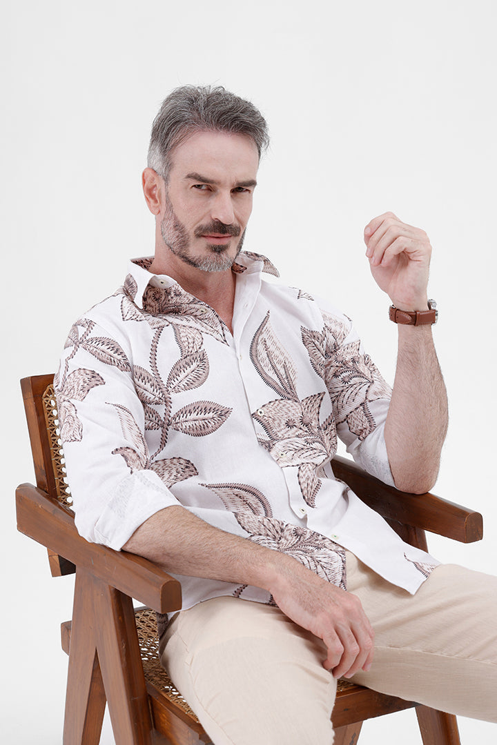 BROWN FLOWER COTTON LINEN PRINT SHIRT
