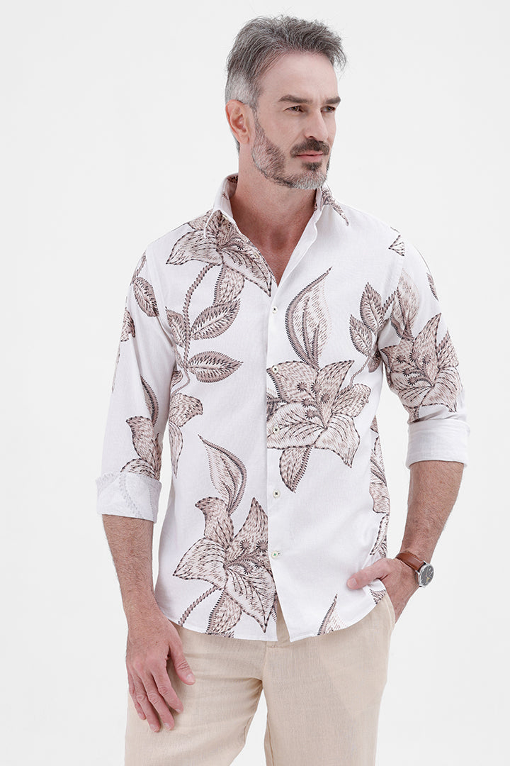 BROWN FLOWER COTTON LINEN PRINT SHIRT