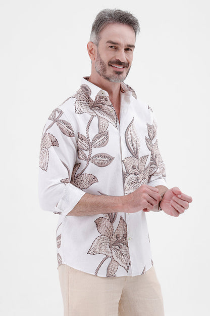 BROWN FLOWER COTTON LINEN PRINT SHIRT
