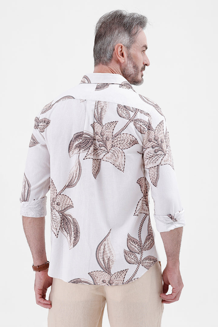 BROWN FLOWER COTTON LINEN PRINT SHIRT
