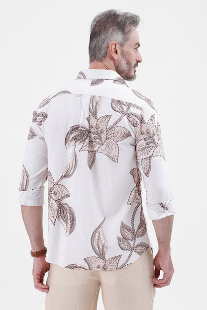 BROWN FLOWER COTTON LINEN PRINT SHIRT