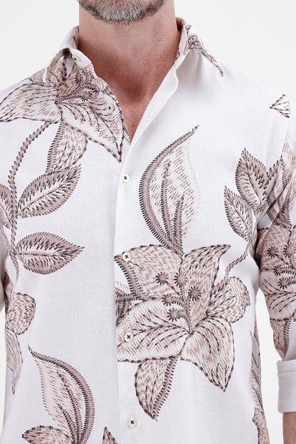 BROWN FLOWER COTTON LINEN PRINT SHIRT