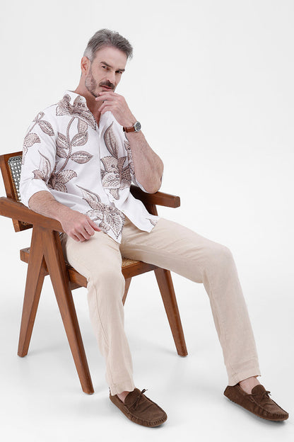 BROWN FLOWER COTTON LINEN PRINT SHIRT