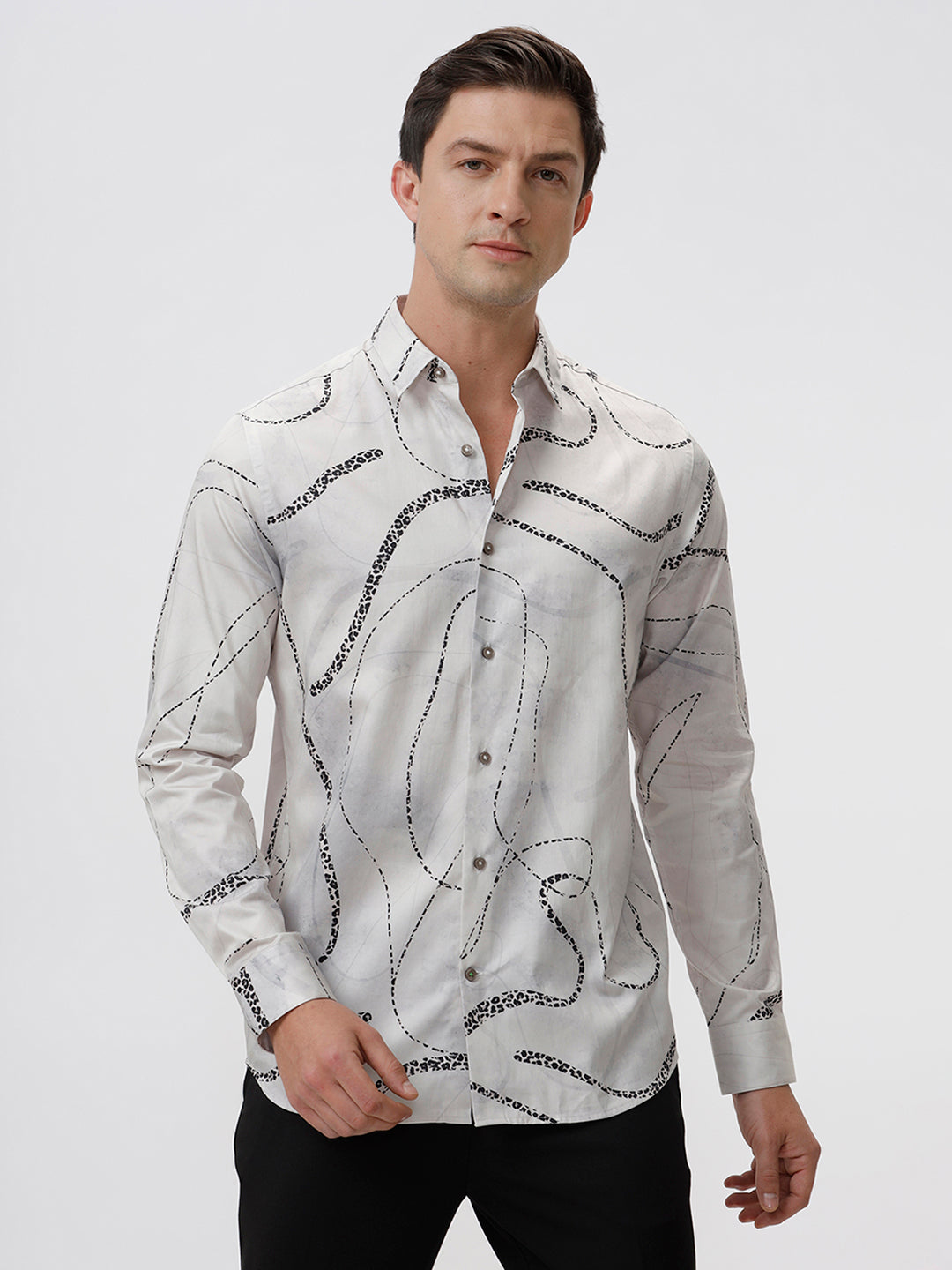 The Collection Men's Roll Off-White Casual Shirt - Slim Fit, Full Sleeves, Ribbon Print