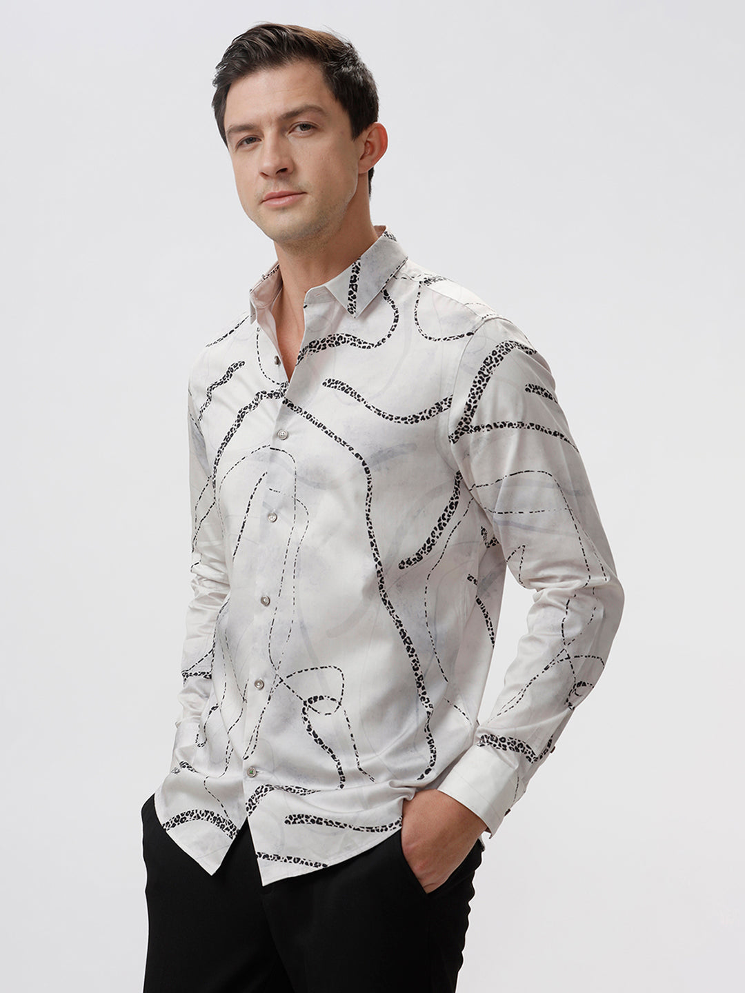 The Collection Men's Roll Off-White Casual Shirt - Slim Fit, Full Sleeves, Ribbon Print