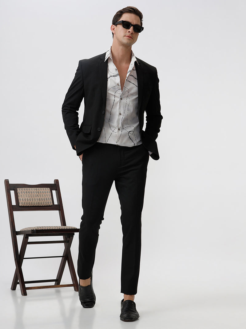 The Collection Men's Roll Off-White Casual Shirt - Slim Fit, Full Sleeves, Ribbon Print