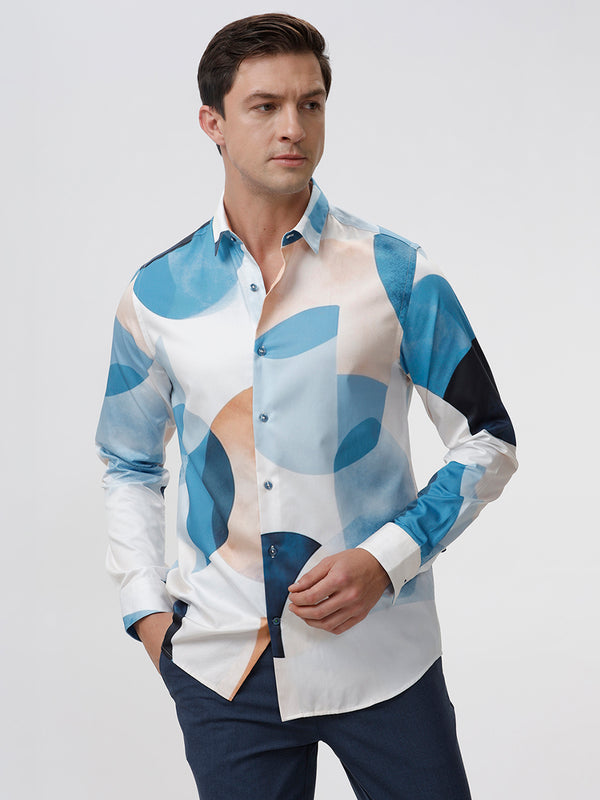 The Collection Men's Ring Casual Shirt with White Abstract Pattern - Slim Fit, Full Sleeves