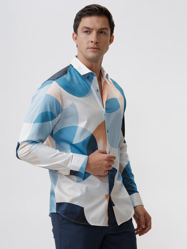 The Collection Men's Ring Casual Shirt with White Abstract Pattern - Slim Fit, Full Sleeves