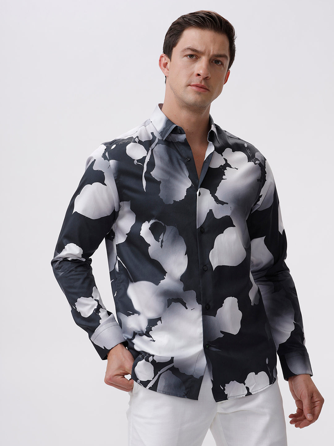 The Collection Men's LOW Dark Grey Casual Shirt - Slim Fit, Full Sleeves, Leaf Print