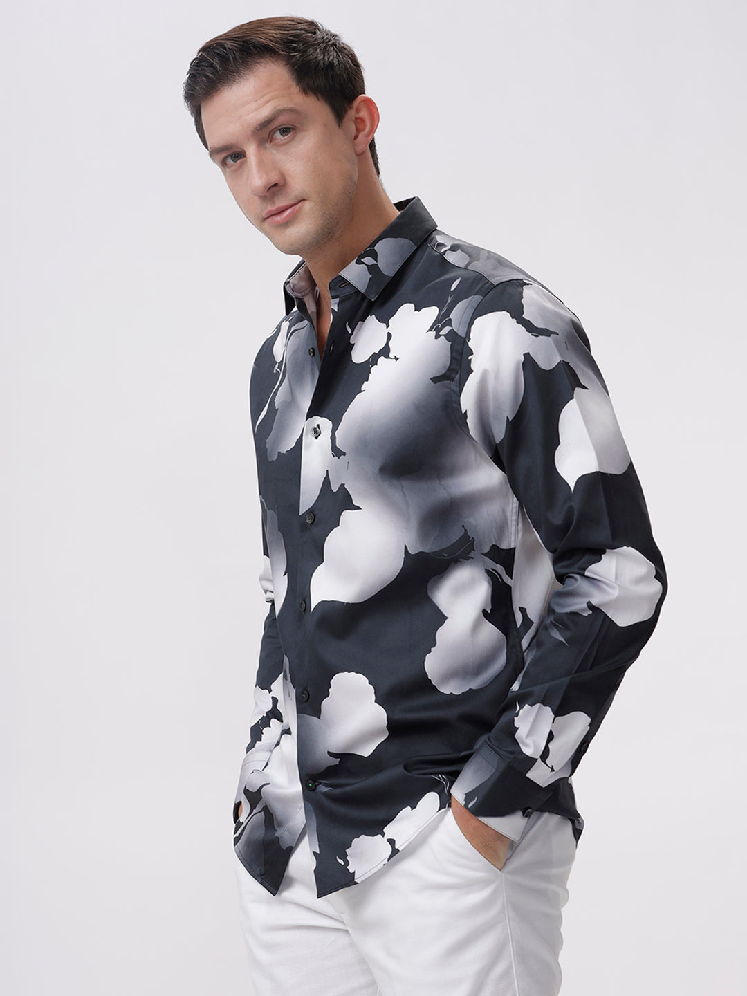 The Collection Men's LOW Dark Grey Casual Shirt - Slim Fit, Full Sleeves, Leaf Print