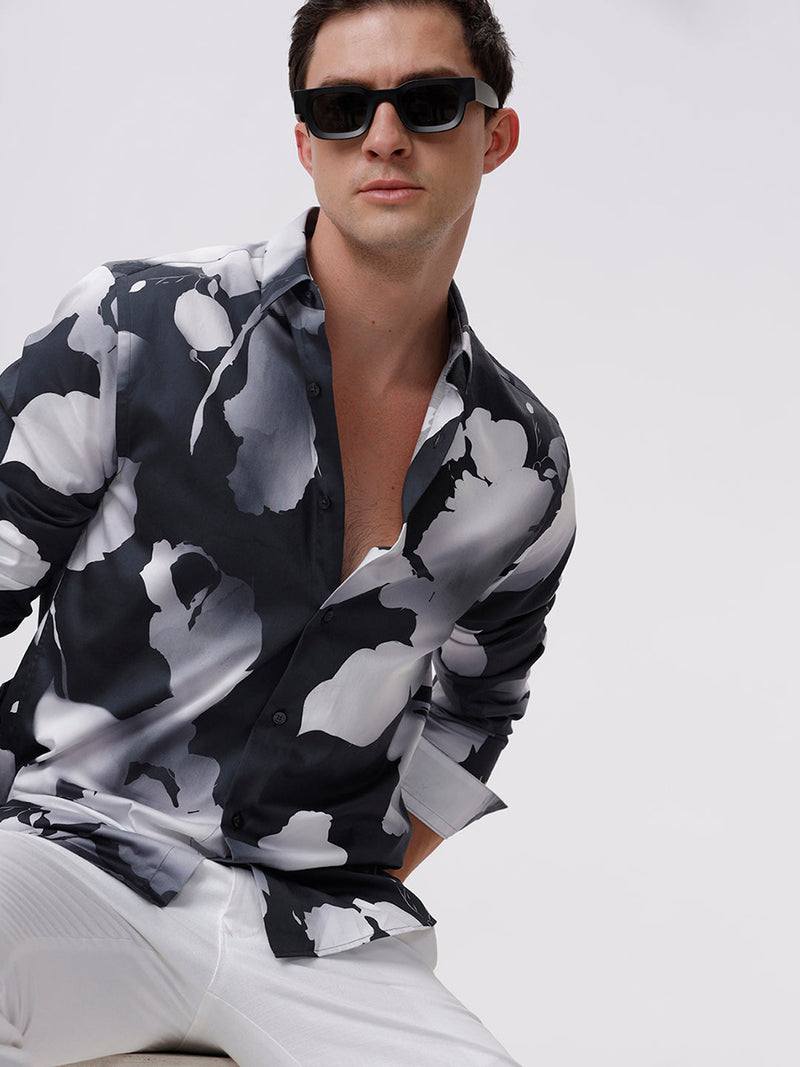 The Collection Men's LOW Dark Grey Casual Shirt - Slim Fit, Full Sleeves, Leaf Print