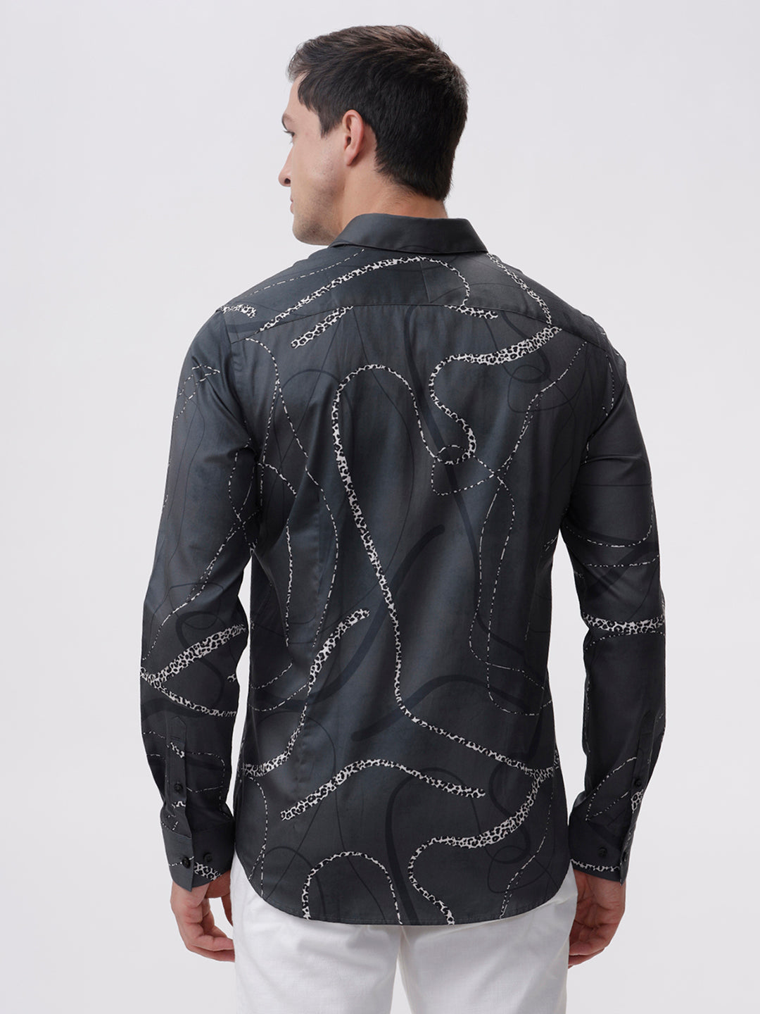 Midnight Black Abstract Satin Shirt - Full Sleeves