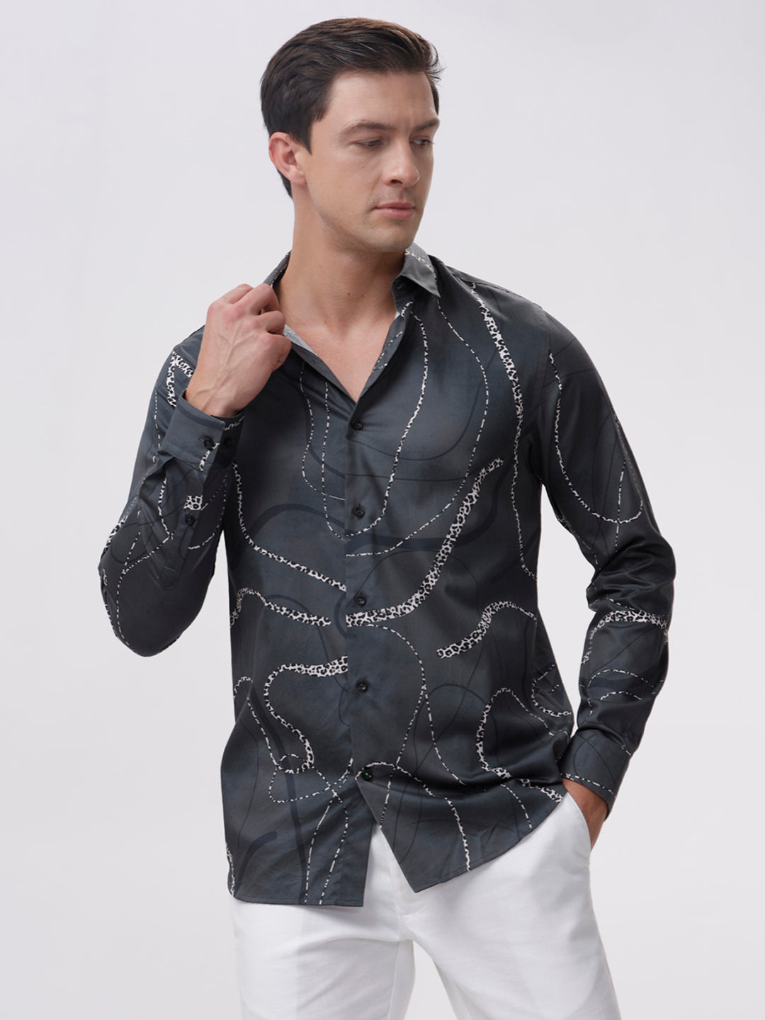 Midnight Black Abstract Satin Shirt - Full Sleeves