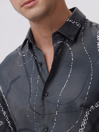 Midnight Black Abstract Satin Shirt - Full Sleeves