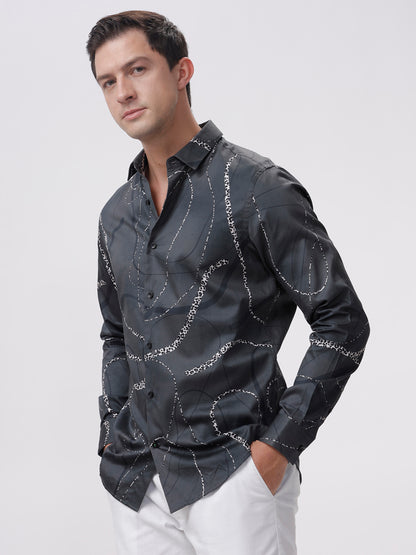 Midnight Black Abstract Satin Shirt - Full Sleeves