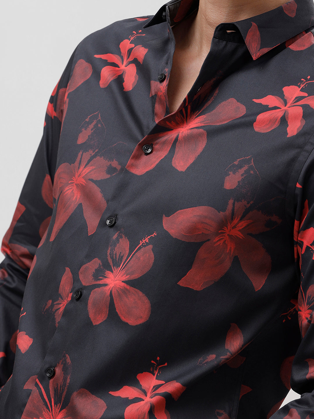 Black &amp; Red Floral Printed Full Sleeves Slim Fit Shirt