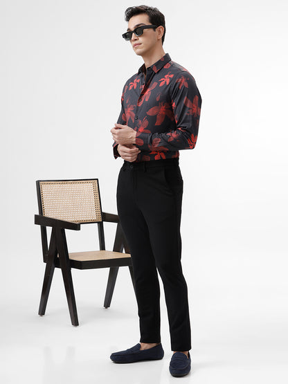 Black &amp; Red Floral Printed Full Sleeves Slim Fit Shirt