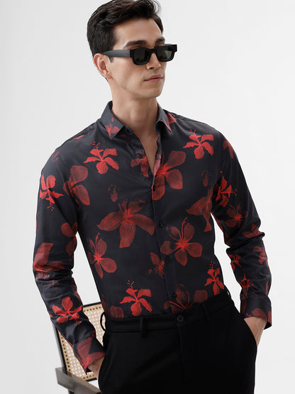 Black &amp; Red Floral Printed Full Sleeves Slim Fit Shirt