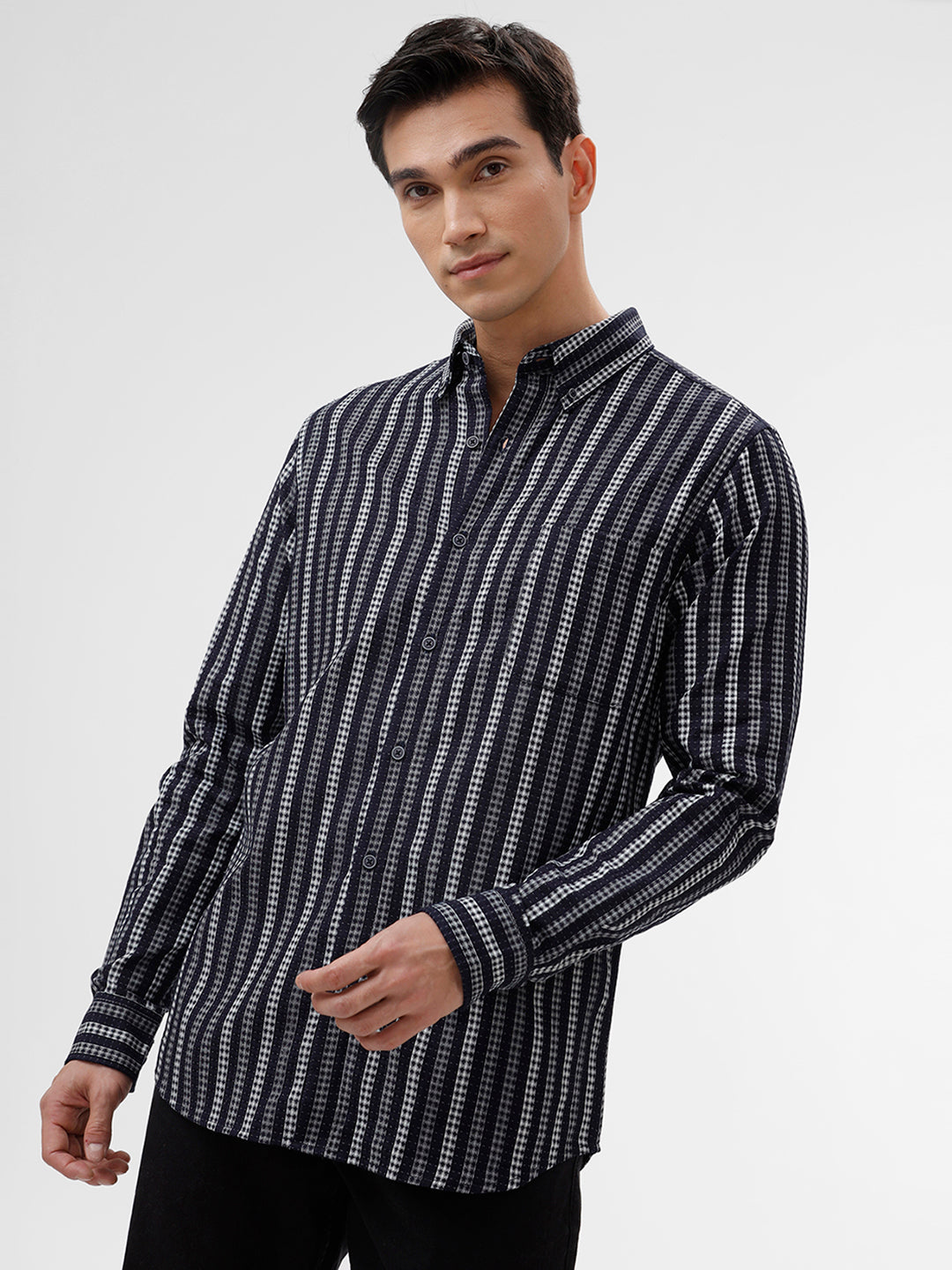 The Collection Men's MILE Navy & White Casual Shirt - Slim Fit, Full Sleeves, Striped Pattern