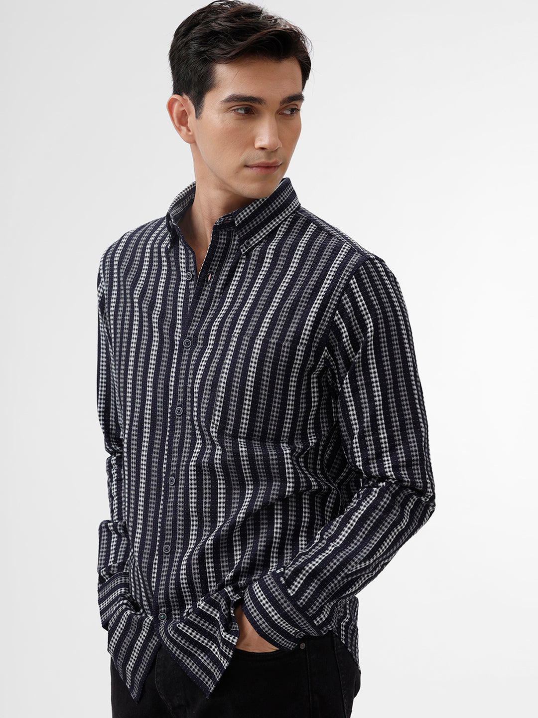 The Collection Men's MILE Navy & White Casual Shirt - Slim Fit, Full Sleeves, Striped Pattern