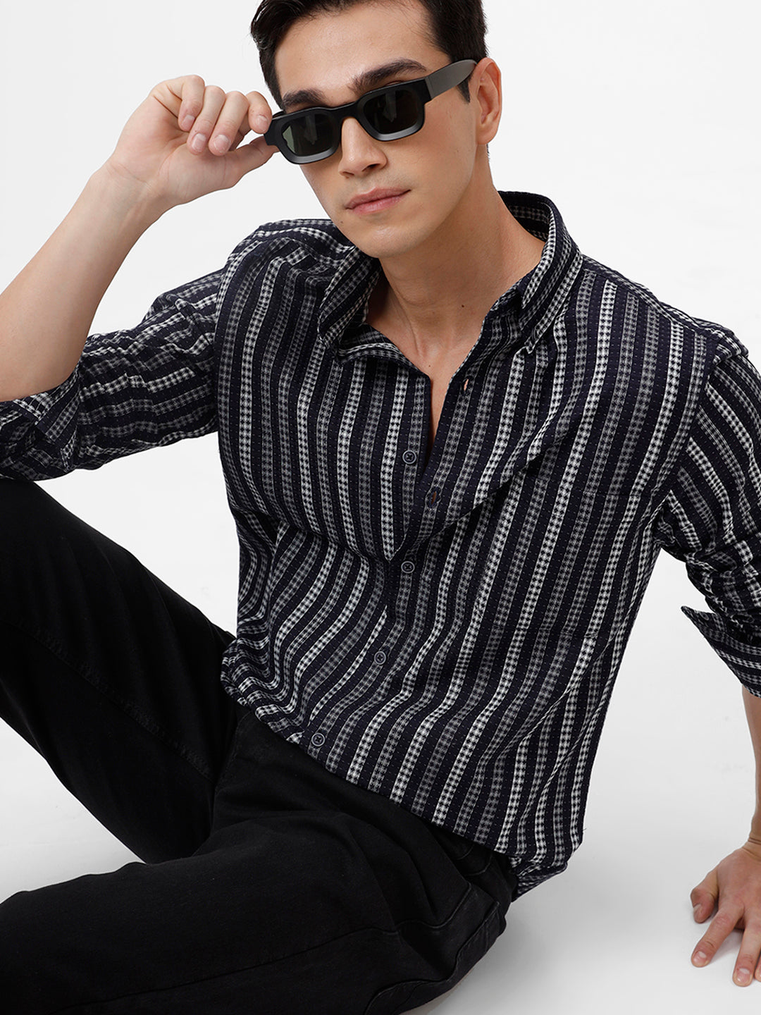 The Collection Men's MILE Navy & White Casual Shirt - Slim Fit, Full Sleeves, Striped Pattern