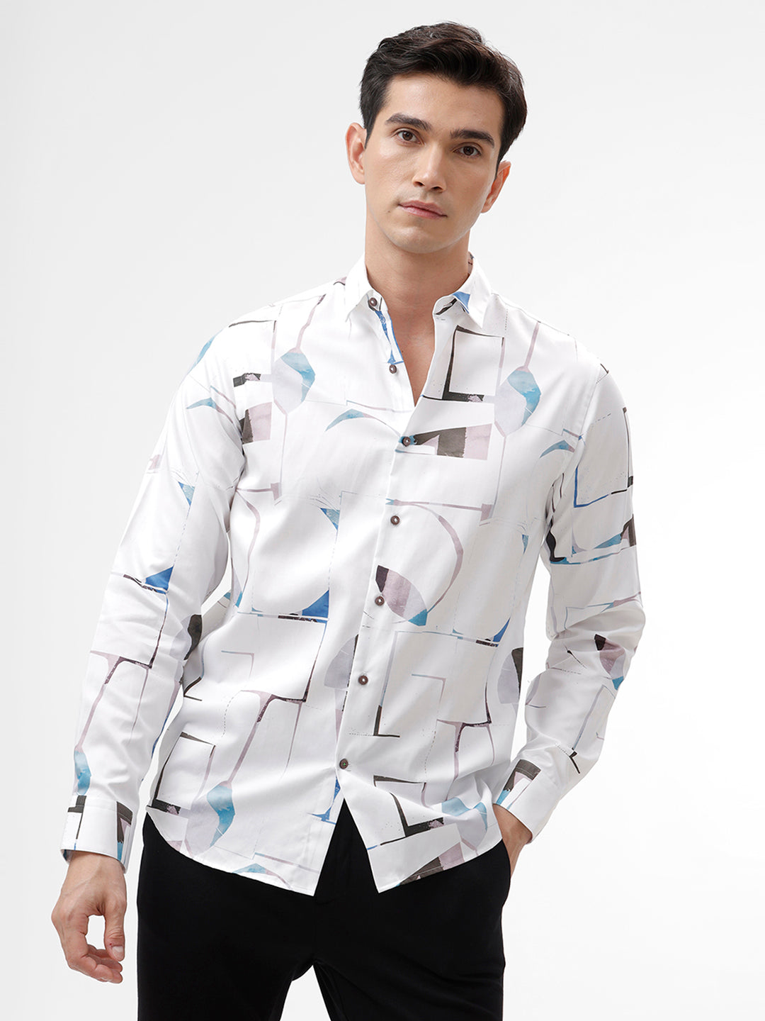 The Collection Men's White Abstract Print Cotton Casual Shirt - FASH Style