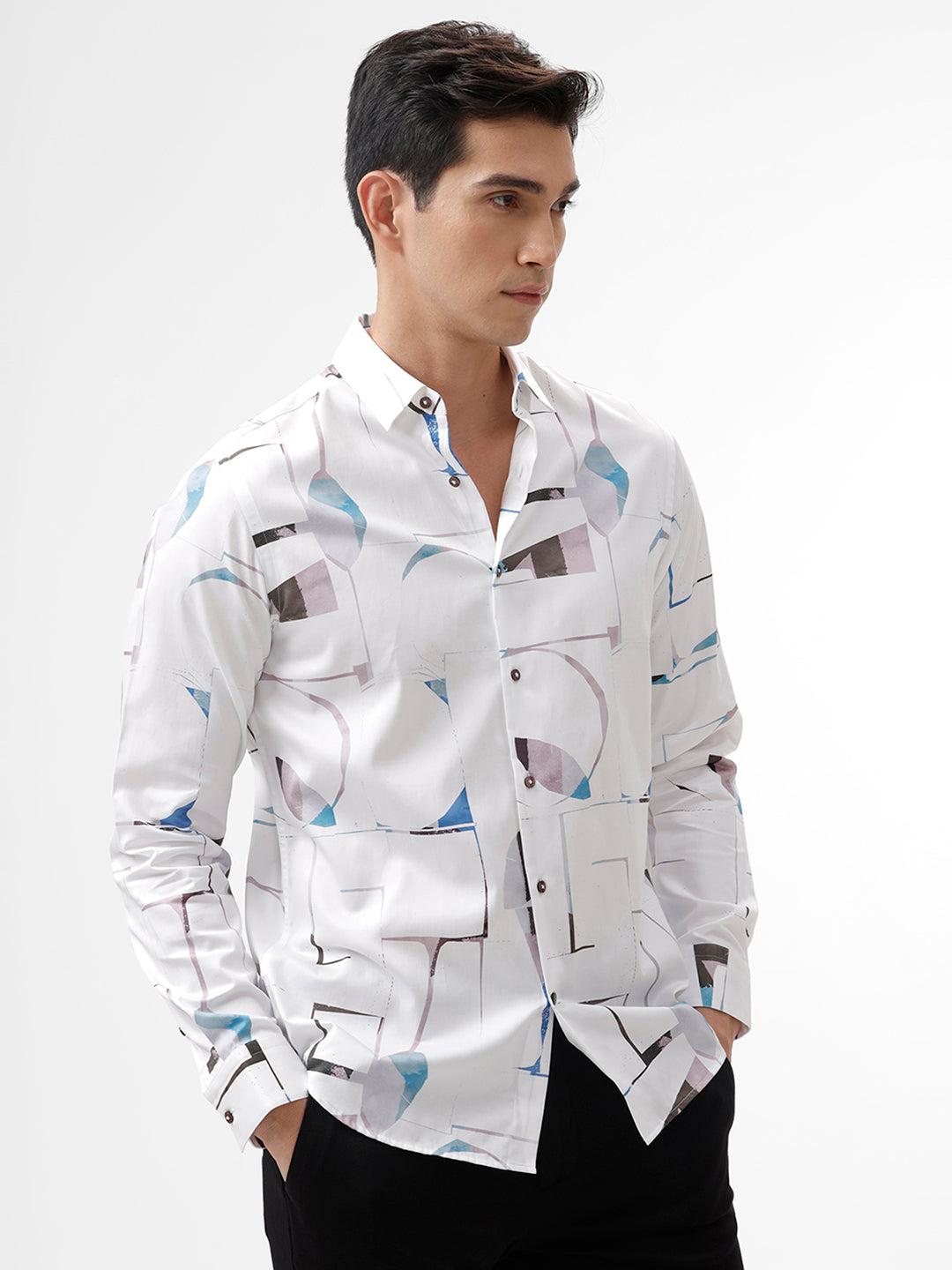 The Collection Men's White Abstract Print Cotton Casual Shirt - FASH Style