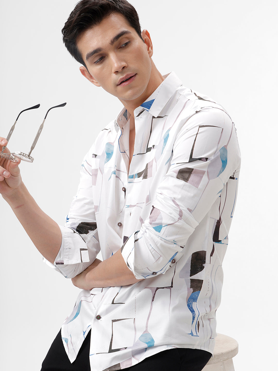 The Collection Men's White Abstract Print Cotton Casual Shirt - FASH Style