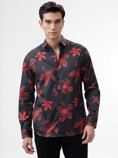 Black &amp; Red Floral Printed Full Sleeves Slim Fit Shirt