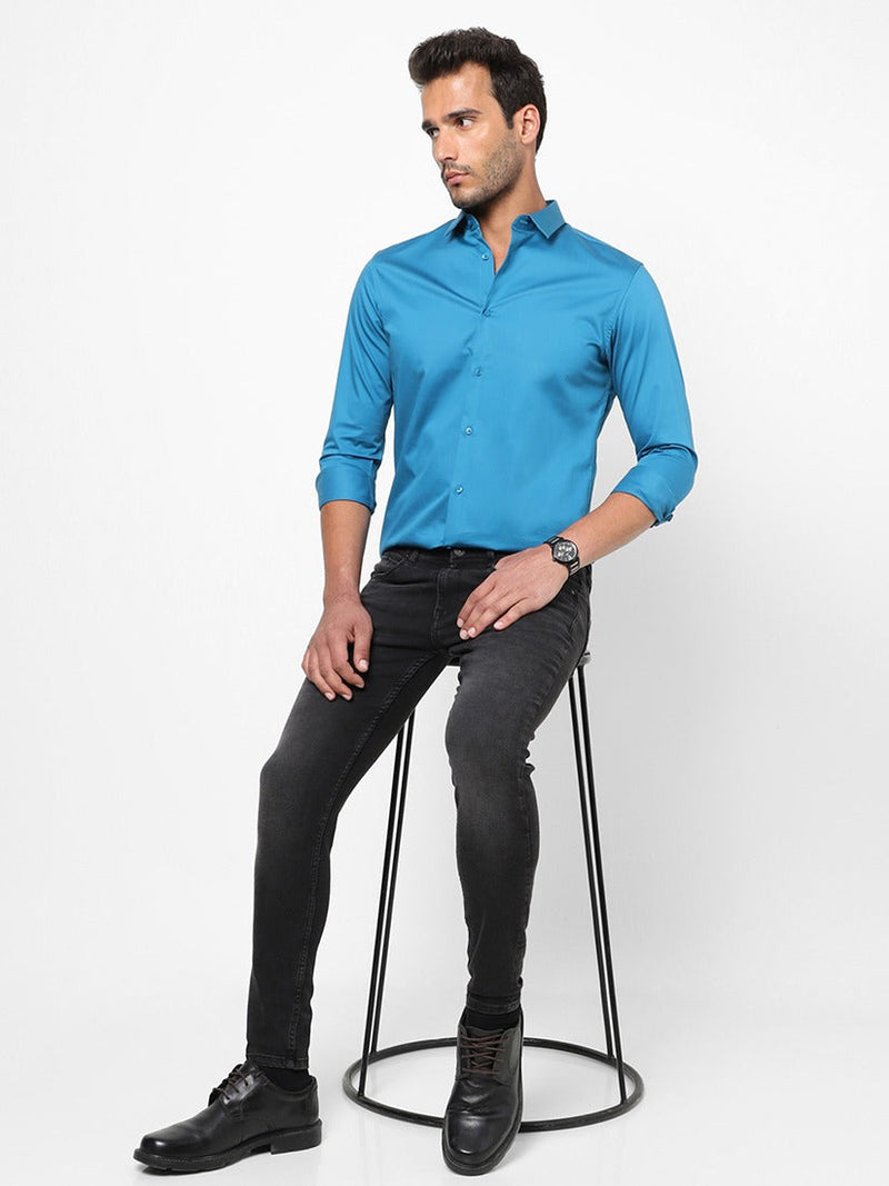 Men's Azure Blue Solid Shirt
