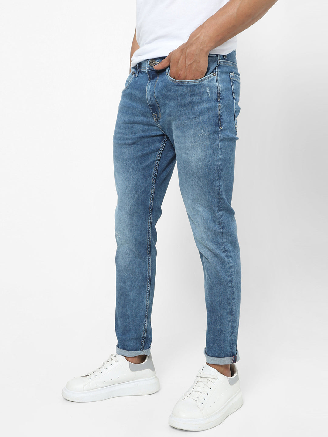 Men Slim Mid Rise Blue Jeans