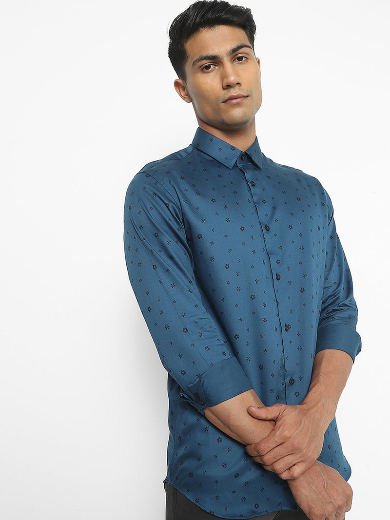 Men's Blue Micro Print Knitted Shirt