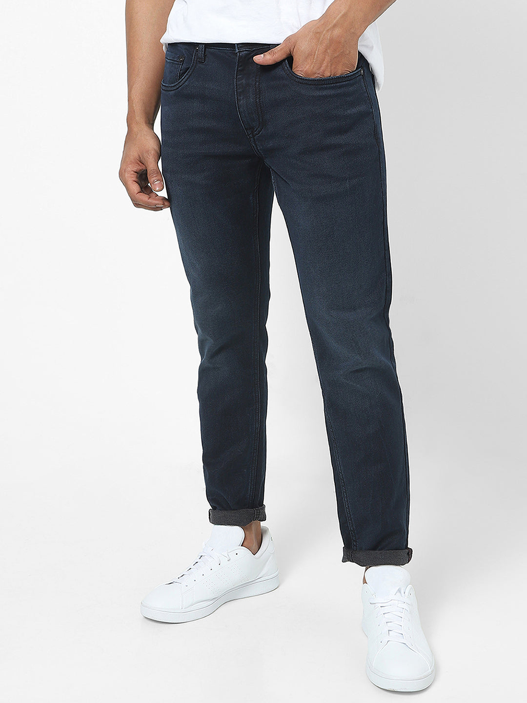 Men Slim Mid Rise Dark Blue Jeans