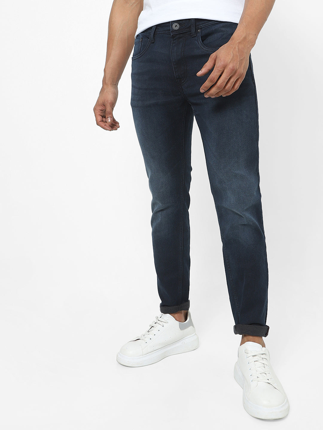 Men Slim Mid Rise Dark Blue Jeans