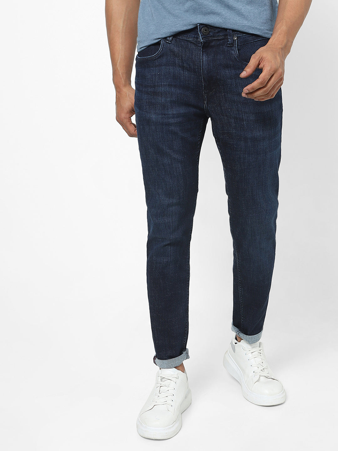 Men Slim Mid Rise Dark Blue Jeans